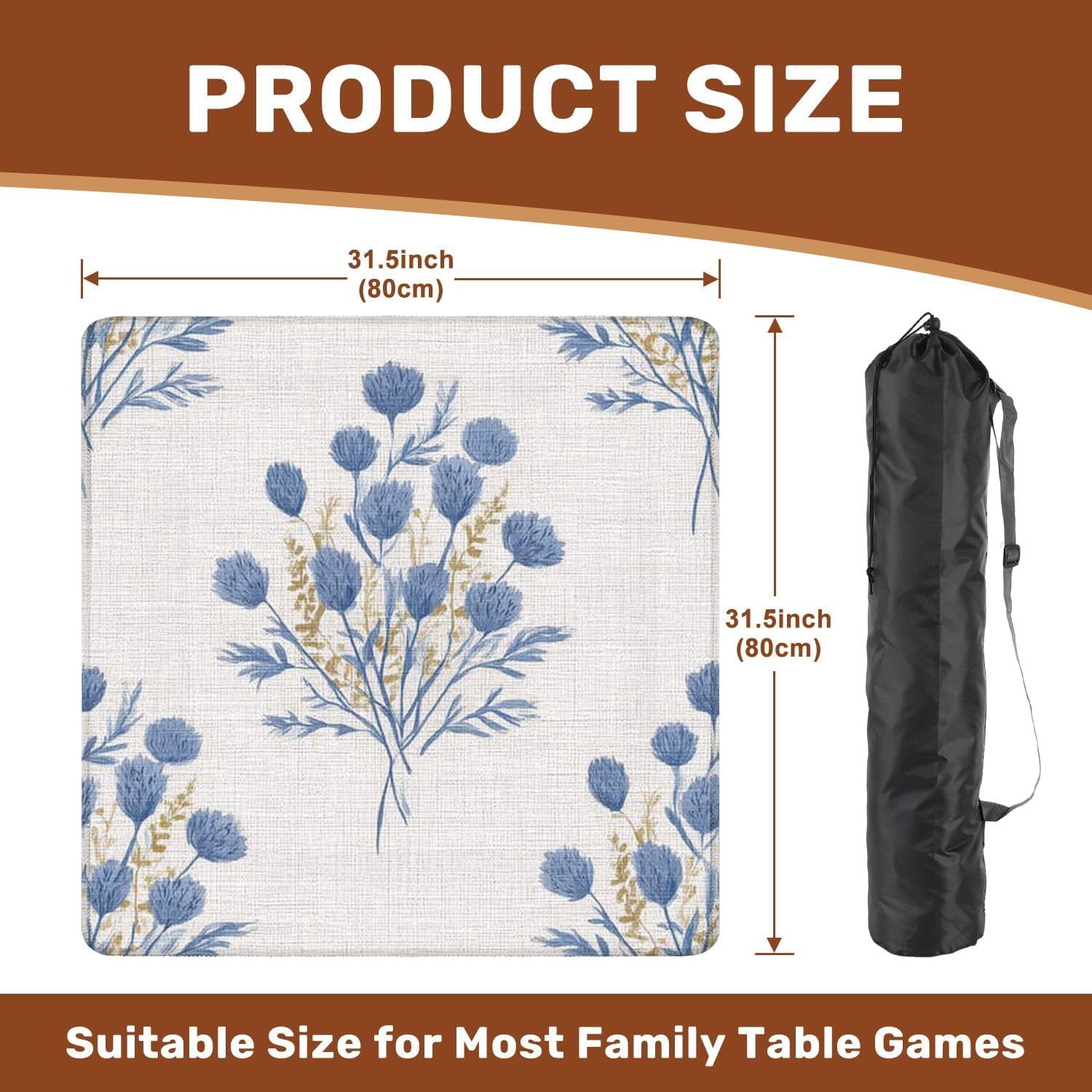 Mahjong Mat 31.5" x 31.5" Watercolor Farmhouse Flower Motif Hand Painted Earthy Whimsical Non-Slip Noise Reduction Mahjong Tiles Table Cover for Dominoes Poker Card Board and Tile Games