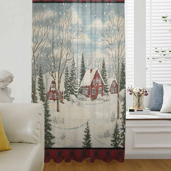 Christmas Semi Sheer Curtains Drapes for Living Room, Bedroom, French Doors Window 54 Inches Long, Farmhouse Snowflake Xmas Tree Red Plaid Rod Pocket Chiffon Curtain Drapery Voile Draperies Panel