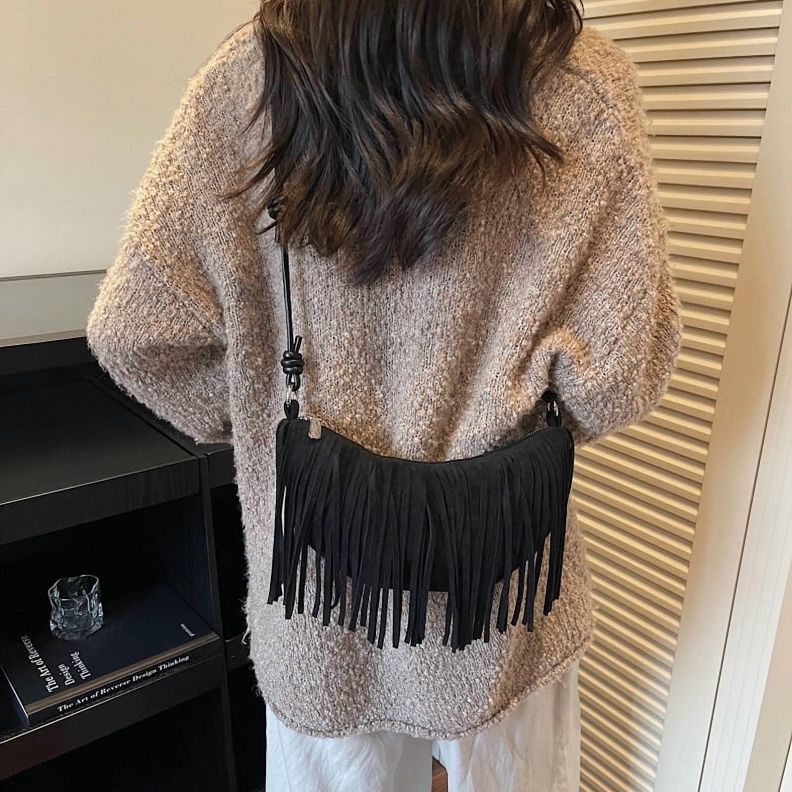 Baguery Vintage Suede Fringe Bag for Women - Y2k Boho Chic Crossbody Dumpling Purse Trendy Shoulder Handbag (10×4×7in)​