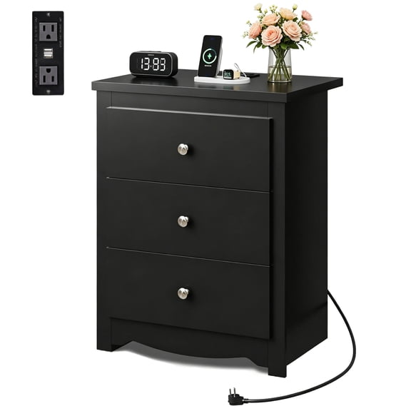GALAXHERO Tall Black Nightstand with Charging Station and 3 Drawers, Wood Bedside End Table with 2 USB Ports & 2 AC Outlets for Bedroom Living Room Dorm