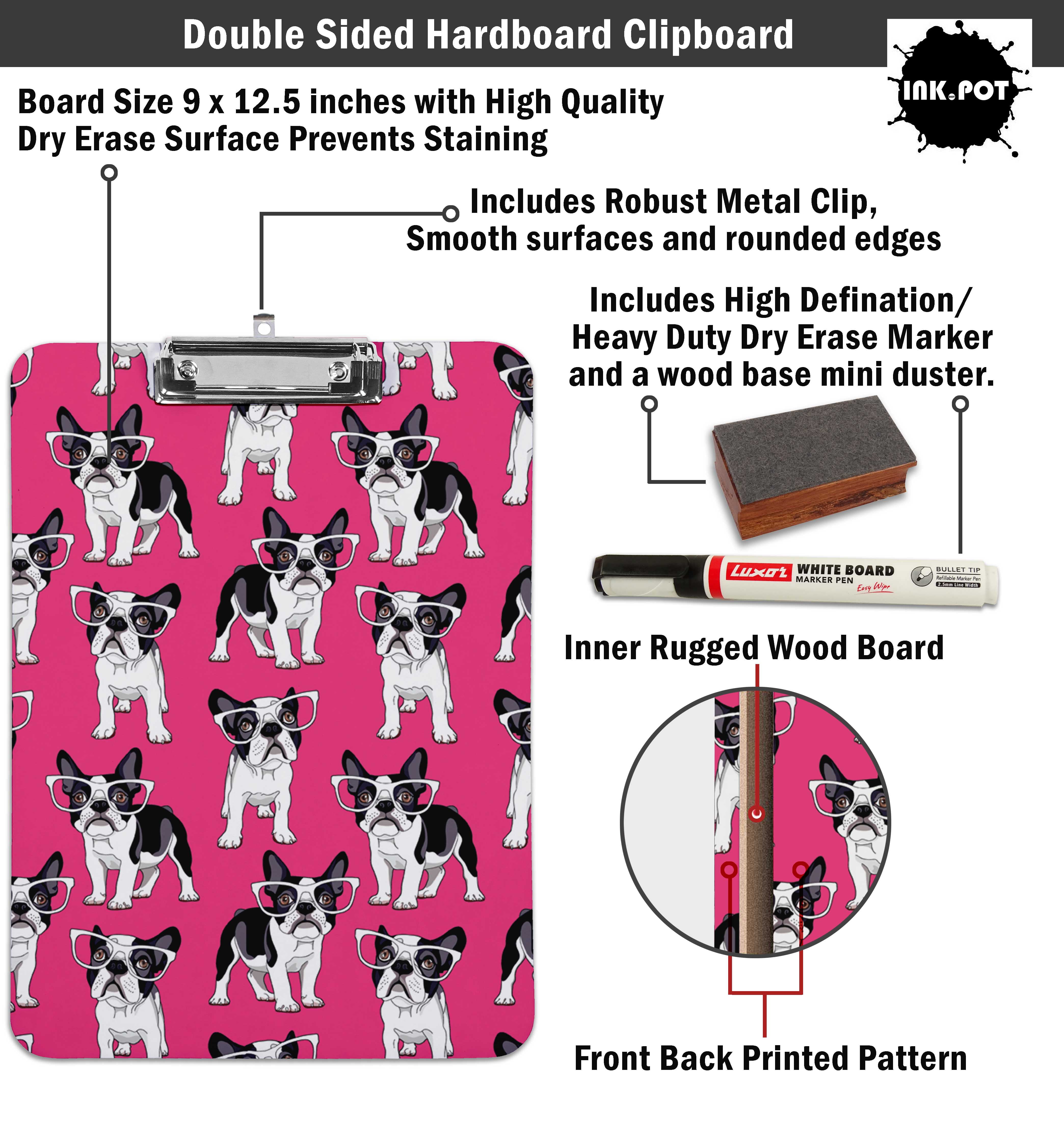 Inkdotpot Dry Erase Double Sided Dry Erase Double Sided Clipboard Letter Size Printed Paperboard Clipboard w/Low Profile Clip 9X15 With Free Marker & Duster