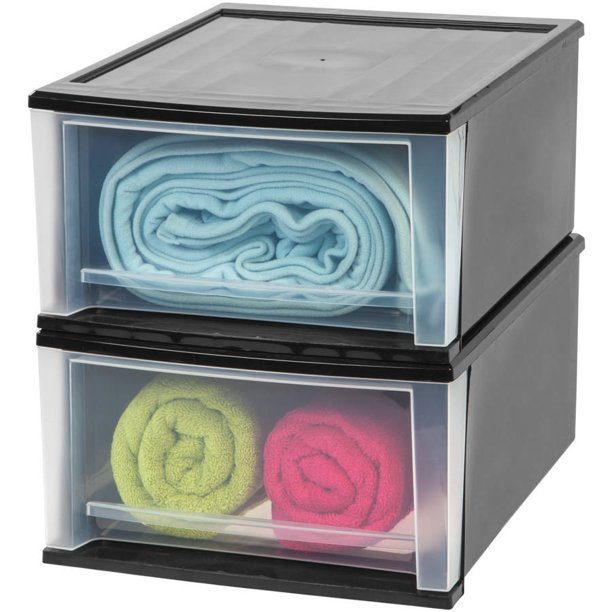 IRIS USA, 32 Quart Stacking Storage Box with Drawer, Black, 2 Pack