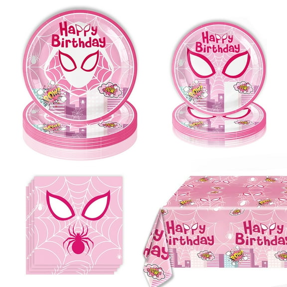 41pcs Pink Spider Birthday Party Decoration Supplies Set, Party Plates and Napkins, Tablecloth for 10 Guests, Suitable for Cartoon Mask Birthday Party Supplies