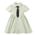 thumbnail image 2 of Vestido de manga corta con cuello vuelto para niñas, vestido sin mangas con botones finos, falda francesa ceñida con volantes en la cintura, falda de poliéster para niñas, 2 of 6
