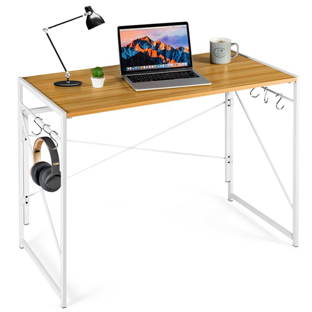 Gymax Folding Computer Desk Writing Study Desk Home Office w/ 6 Hooks Natural