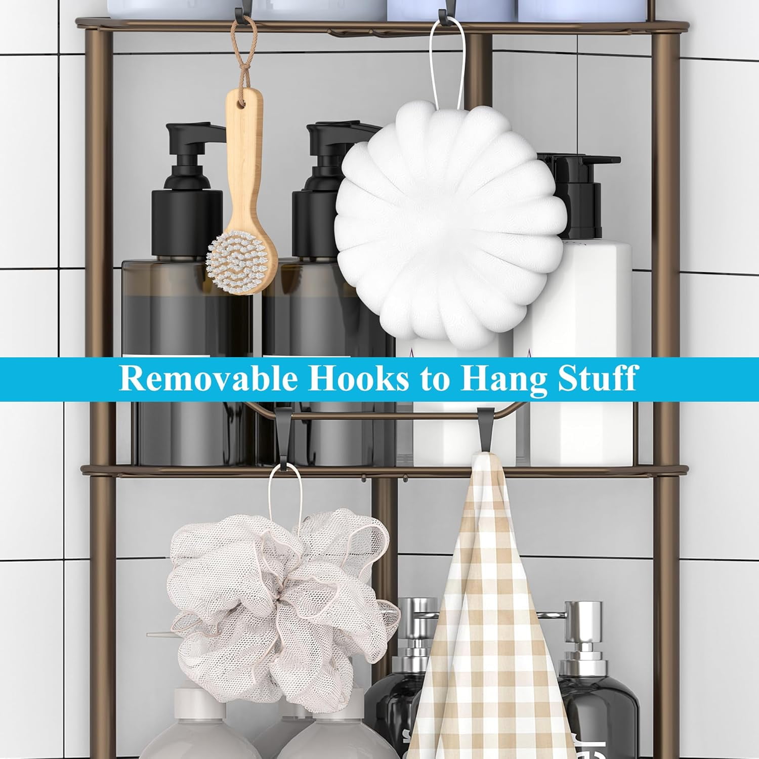 Floor Standing Corner Shower Caddy Organizer Shelf with Hooks, Bathroom Shelves Stand Rack
