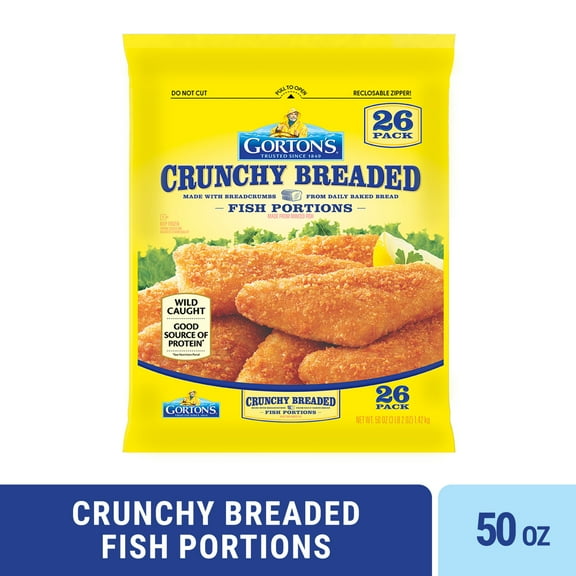 Gorton’s Crunchy Breaded Fish Portions, Wild Caught Pollock with Crunchy Panko Breadcrumbs, Frozen, 26 Count, 50 Ounce Resealable Bag