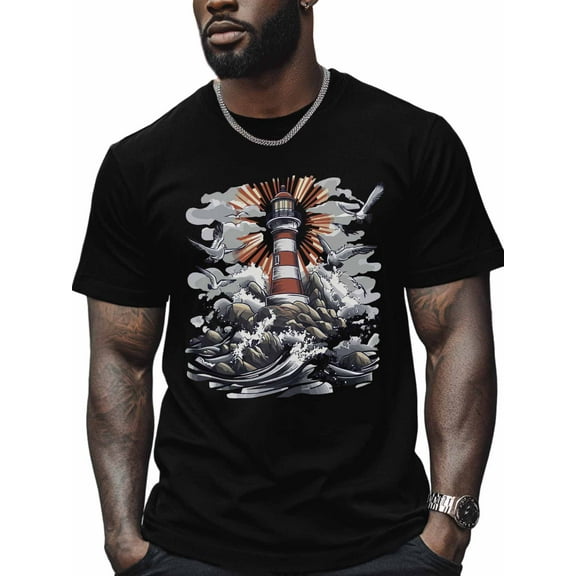 Lighthouse Men's T Shirts Seagulls T-Shirt for Men Ocean Graffiti Crew Neck Tees Cotton Tops, Black, S