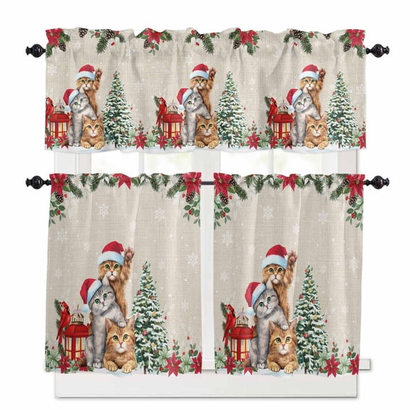 Christmas Cat Kitchen Curtains and Valances Set, Winter Snowflake Christmas Tree Poinsettia Rod Pocket Window Valance Window Curtain Panels for Living Room Bedroom Laundry, 27.5x24in, 3 Pieces