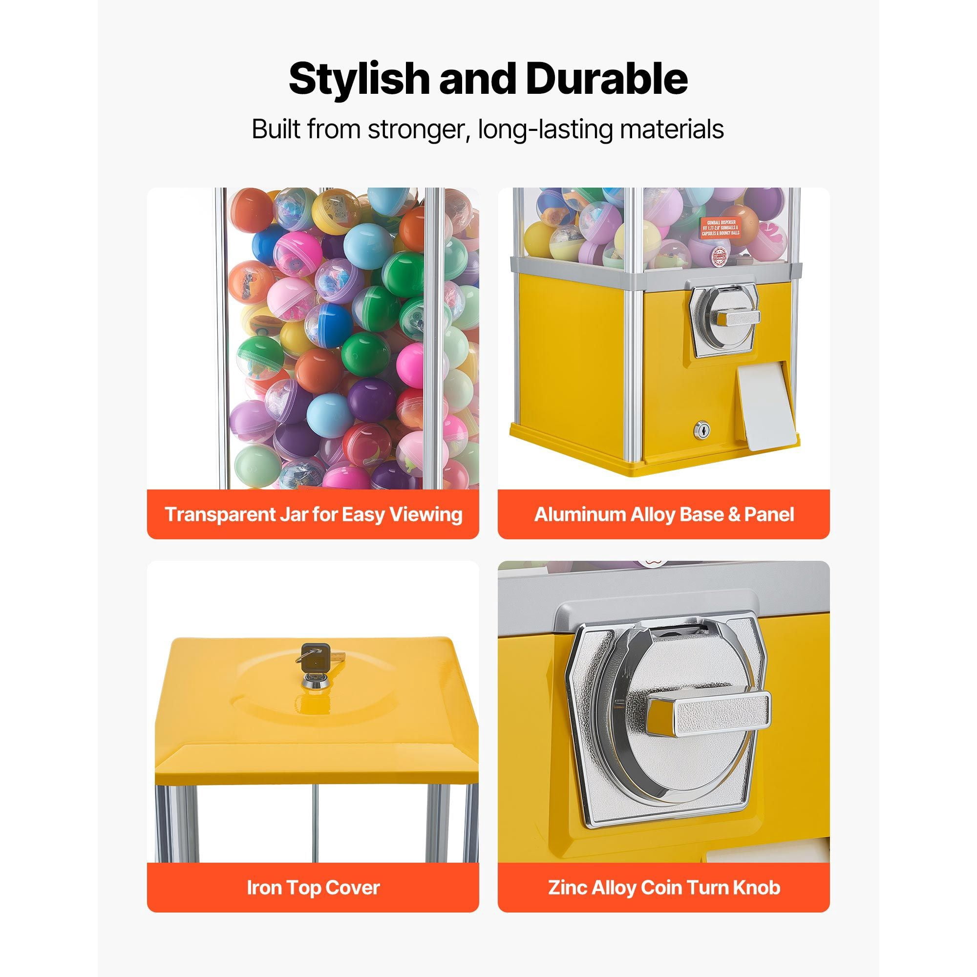 Gumball Machine, 21 inch Height Candy Vending Machine Dispenser, 25-Cent Vending Machines for Shopping Malls, Supermarkets, Amusement Parks, Arcades, Holds Up to 180 1.77 inch Spherical Candies