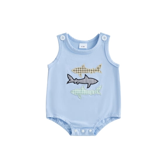 BemeyourBBs Newborn Baby Boy Summer Clothes Cute Infant Baby Boys Fishing Outfit Bubble Romper Overalls Sleeveless Shark Crab Embroidery Bodysuit Jumpsuit Playsuit