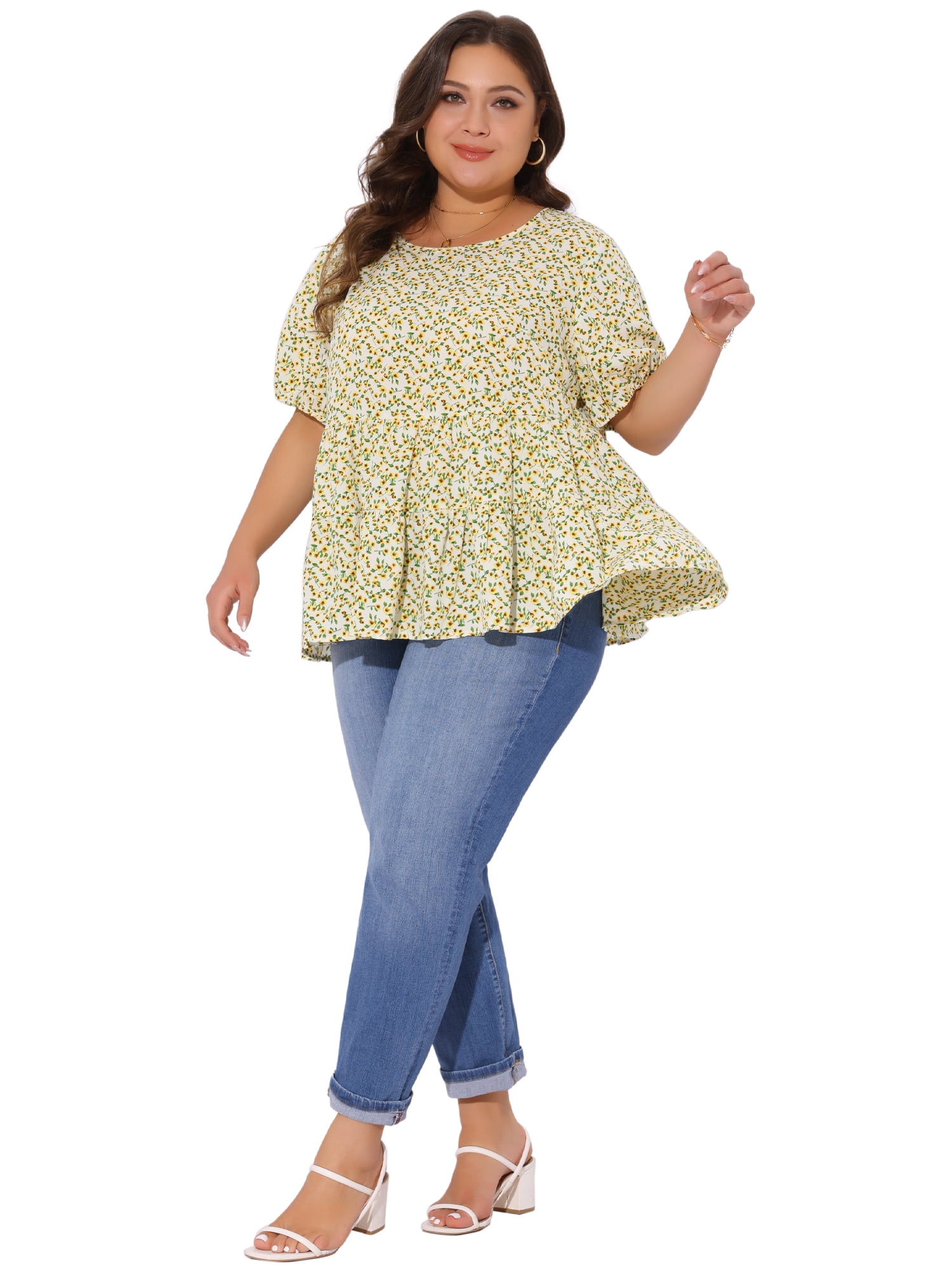 DARING DIVA Women's Plus Short Sleeve Crew Neck Casual Babydoll Top 3X Yellow