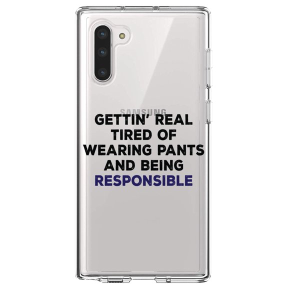 DistinctInk Clear Shockproof Hybrid Case for Samsung Galaxy Note 10 (6.3" Screen) - TPU Bumper Acrylic Back Tempered Glass Screen Protector - Getting' Tired of Pants & Being Responsible