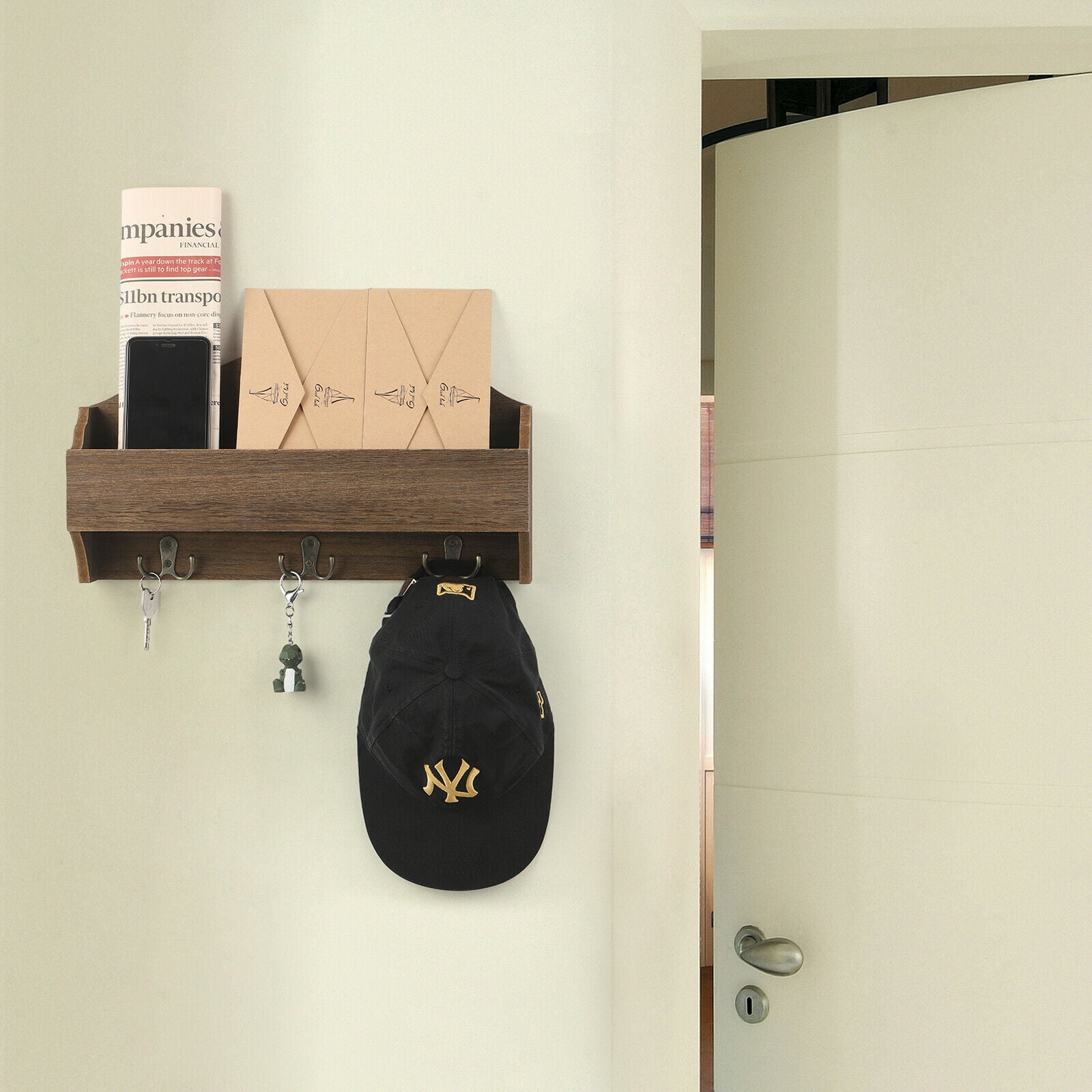 Rustic Wooden Wall Mounted Mail Sorter Wall Hanging Rack with 3 Double Key Hooks