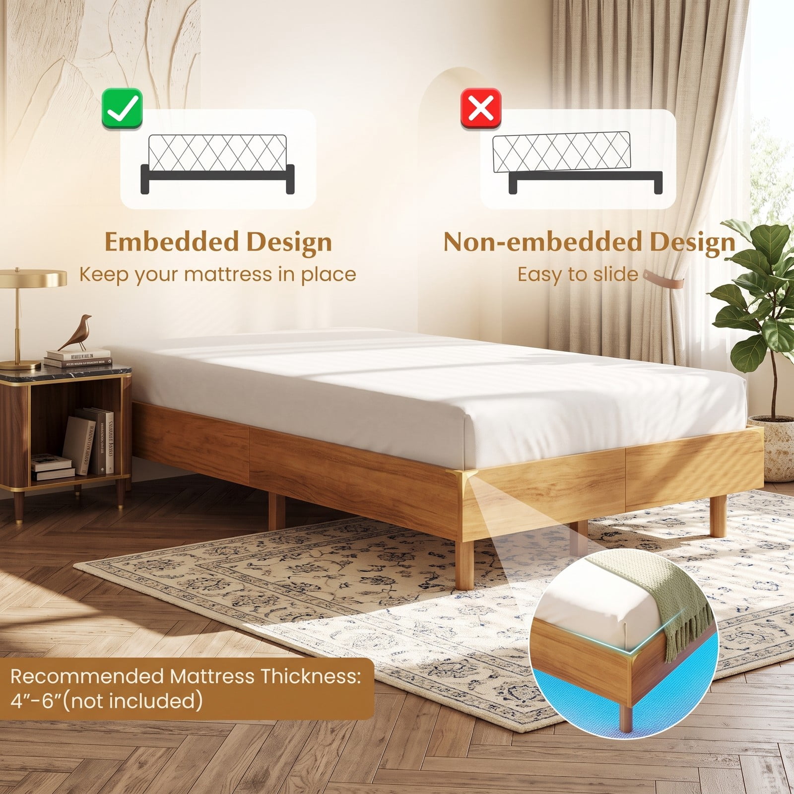 Furnibear Twin Size Floating Wood Platform Bed Frame with RGB LED Lights and Remote Control for Bedroom, No Box Spring Needed, Natural