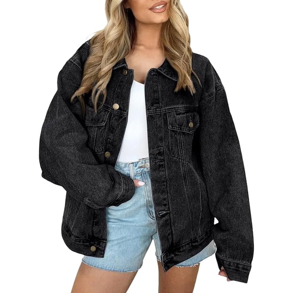 Rexolia Women's Oversized Denim Jacket Boyfriend Fit Distressed Button Down with Pockets Black L