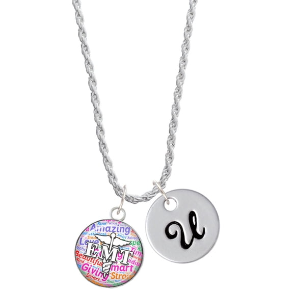 Delight Jewelry Silvertone Domed Multi Color EMT Silvertone Script Initial Disc - U - Charm Necklace, 20"+3"