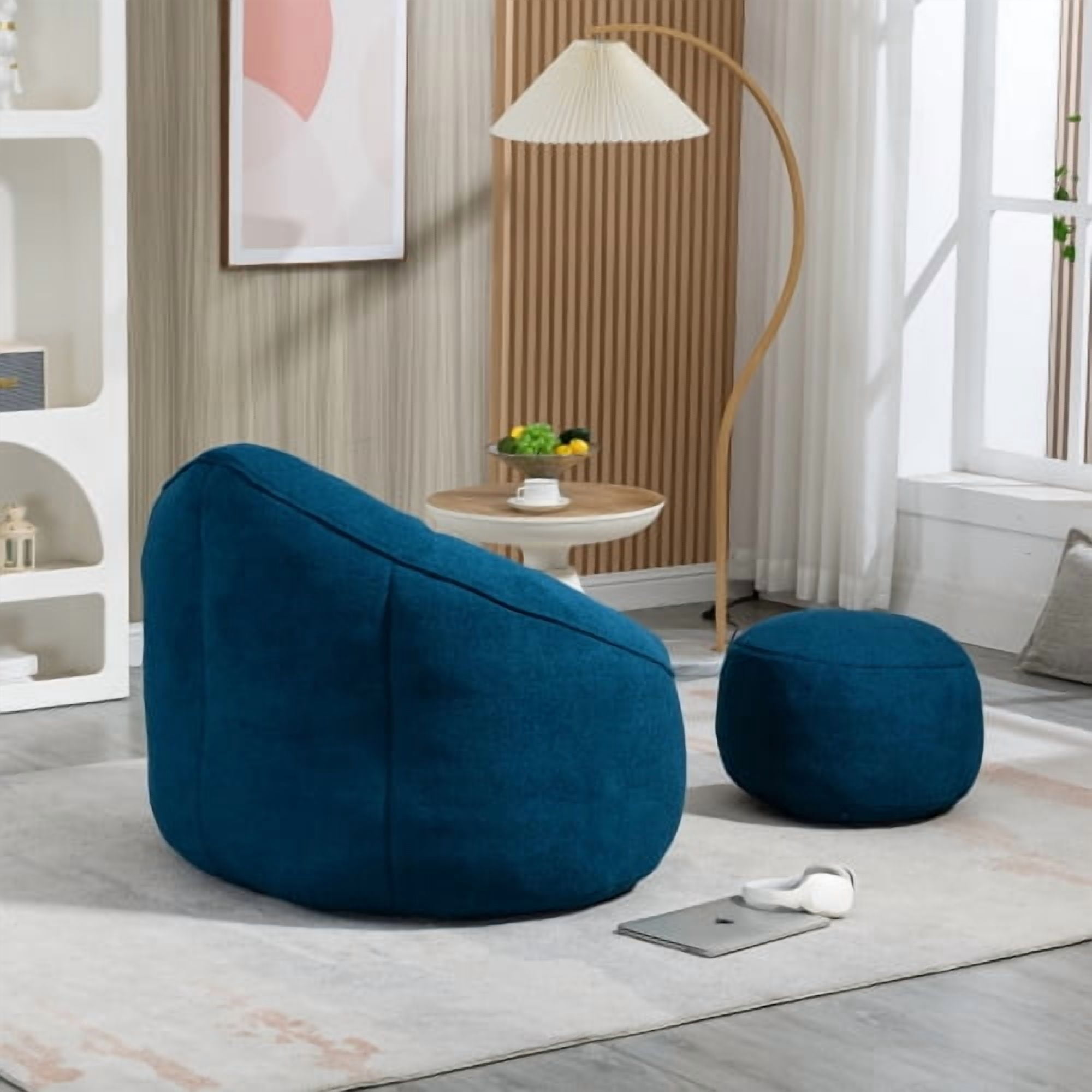 BSHTI 40"Bedding Bean Bag Sofa Chair,High Pressure Foam Bean Bag Chair,Adult Material with Padded Foam Padding Compressed Bean Bag With Footrest-Blue