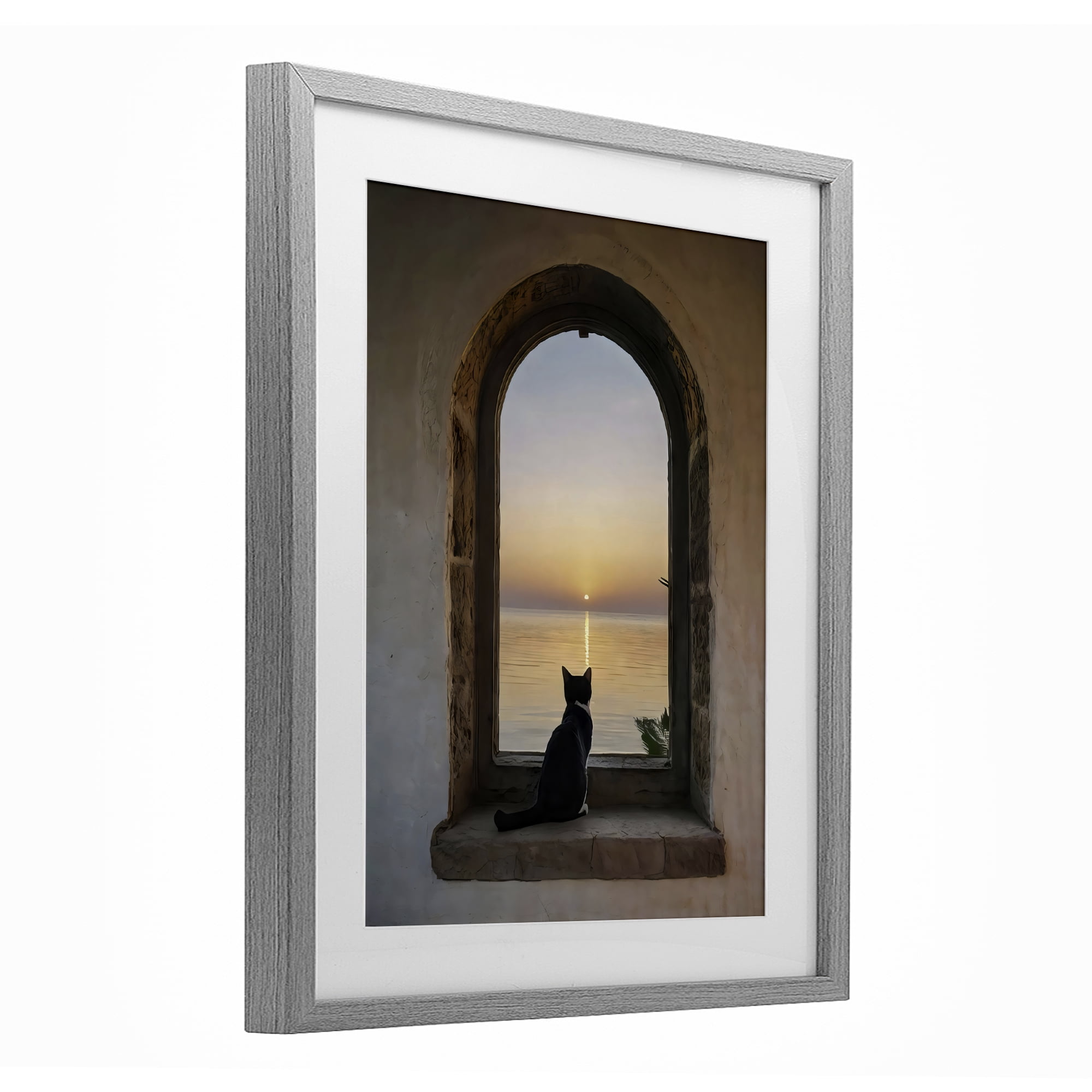 Stupell Industries Cat Overlooking Water at Sunset Gray Framed Print Under Glass, design by Creative Studio