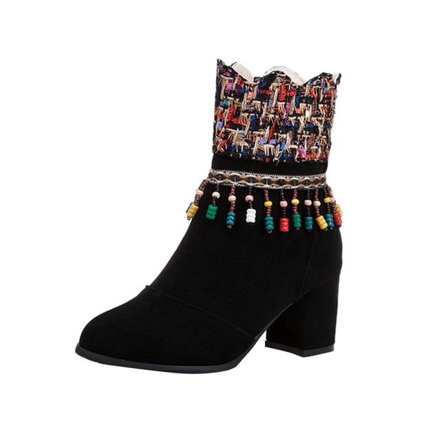 NECHOLOGY Botas Mujer Adulto Femenino Zapatos Botines de mujer Botines de mujer Otoño e Invierno moda comercio exterior borla grande estilo nacional cómodo punta redonda tacón cuadrado (Black, 7)