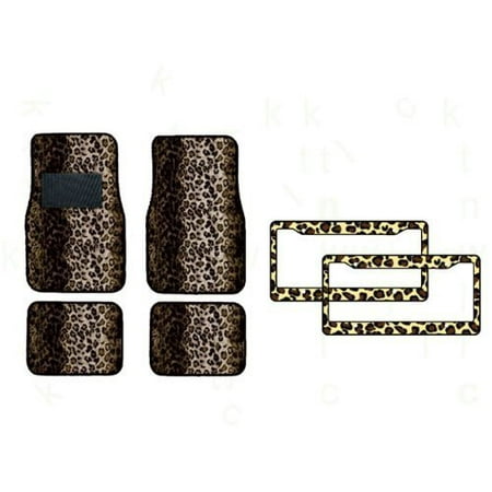 6-Piece Animal Print Automotive Interior Gift Set - A Set of 4 Universal Fit Leopard Tan Carpet Floor Mats for Cars / Truck and 2 Leopard Tan Plastic License Plate Frames