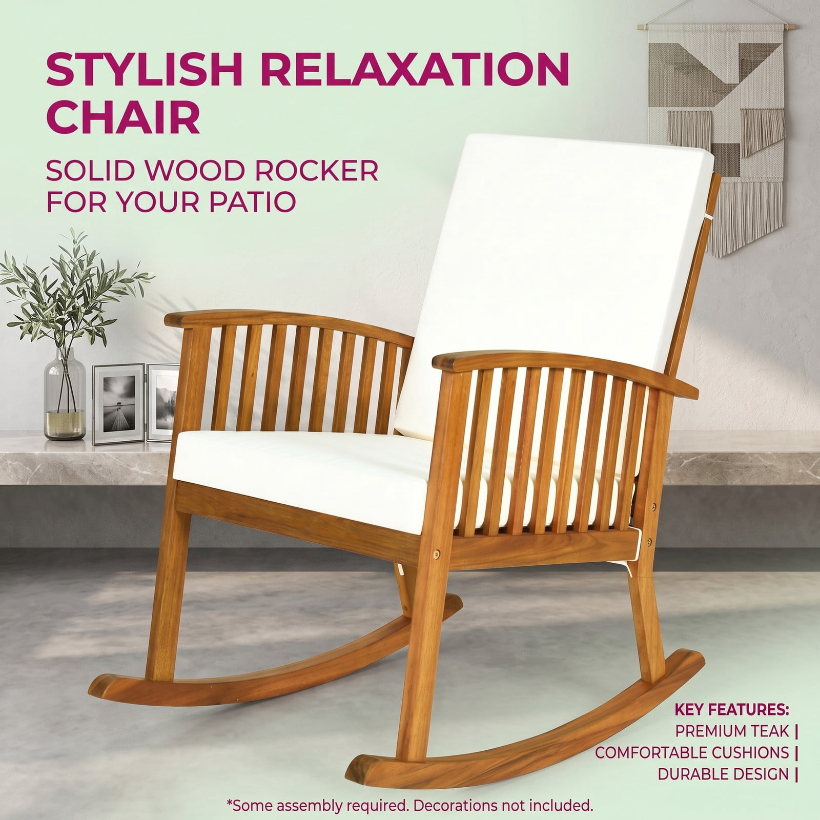 Furnibear Outdoor Acacia Wood Rocking Chair with Detachable Washable Seat and Back Cushions for Patio, Garden and Porch, Teak