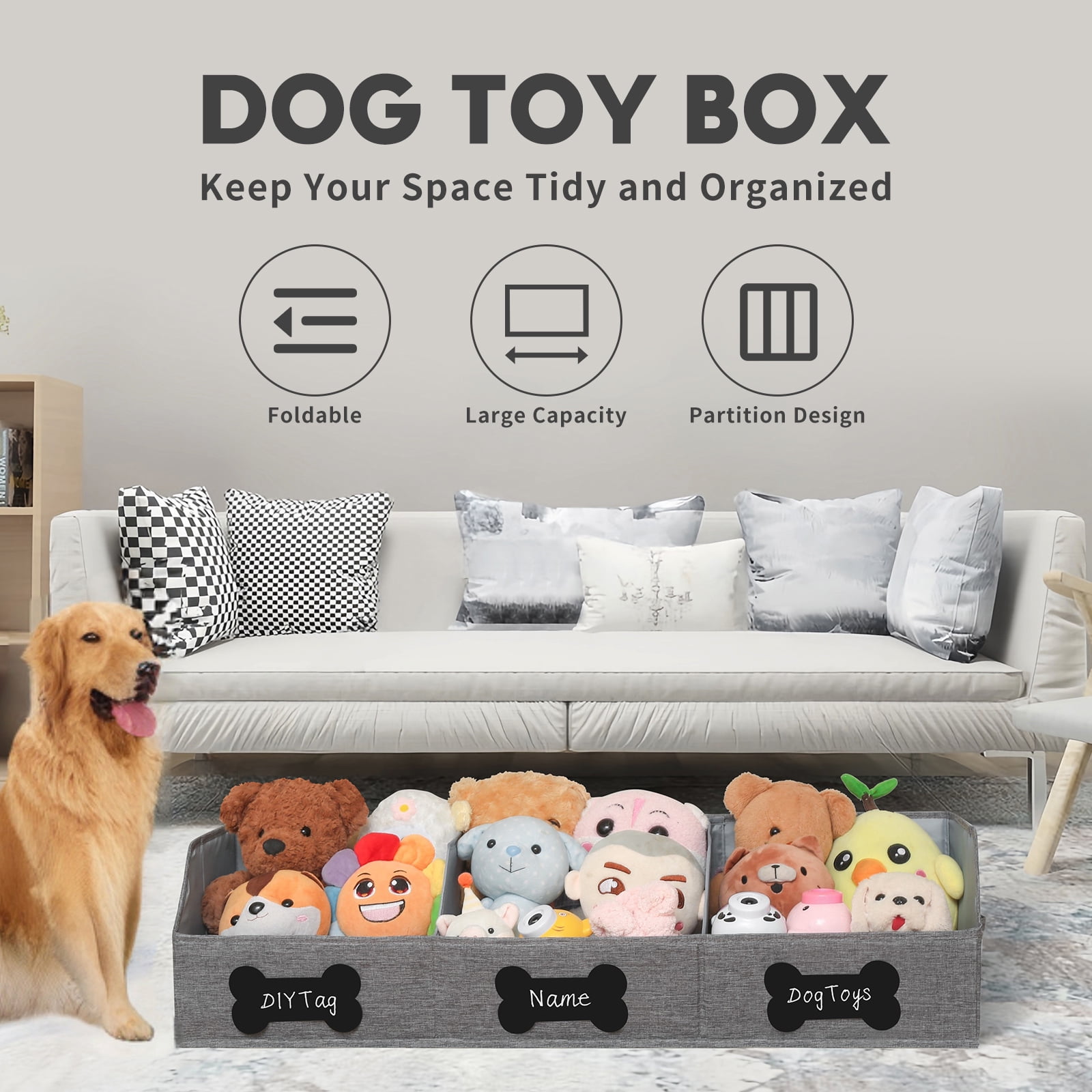 Qozary Large Dog Toy Basket with Diy Tag - Collapsible Dog Toy Bin, Fabric Personalized Dog Toy Box, Trapezoid Dog Toy Storage and Organizer for Pet Supplies-Can Write Your dog's Name On the DIY Tag