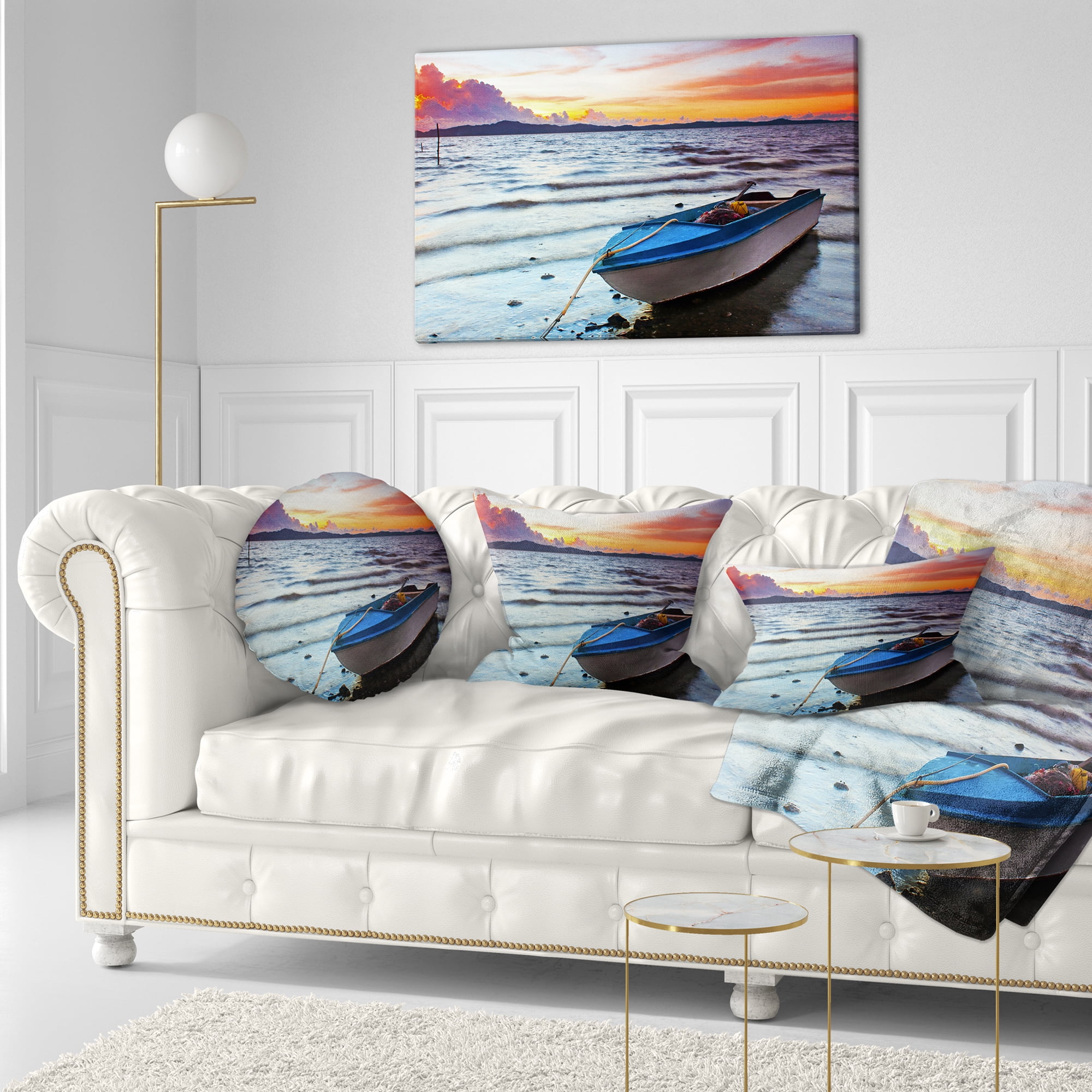 Designart Boat at the Sunset - Landscape Photography Throw Pillow - 12x20