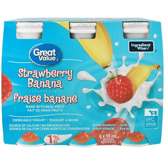 Great Value Strawberry Banana Drinkable Yogurt, 6 x 93 mL