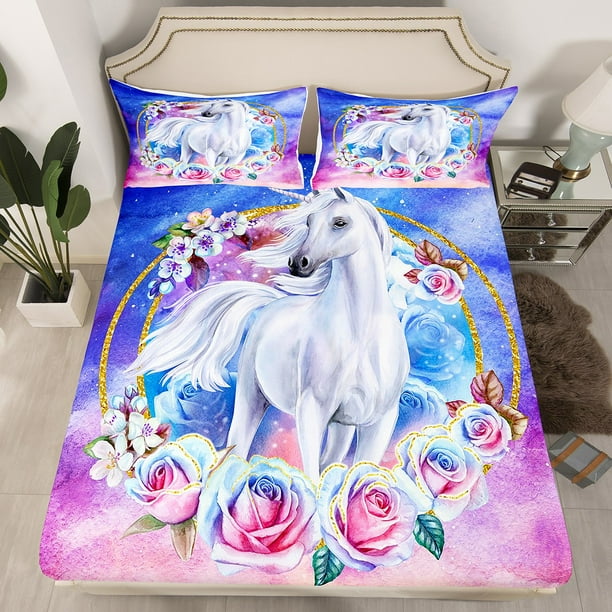White Unicorn Bed Sheets Trippy Galaxy Fitted Sheet Full Size for Girls  Boys 3 Piece Blue Pink Rose Bedding Set Japanese Cherry Blossom Bed