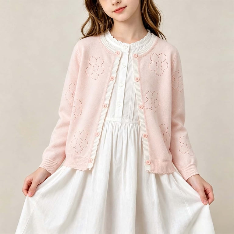 FAVIPT Cute Cardigan for Girls Flower Hollow Out Long Sleeve Crewneck Button Down Cardigan Sweater Casual Solid Knitted Jacket Pink,3-4 Years