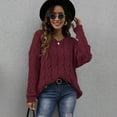thumbnail image 5 of Women Striped Knitted Sweater with Hooded V-Neck Long Sleeve Casual Pullover Lady Loose Fit Warm Jumper Top Wine Red M, 5 of 9