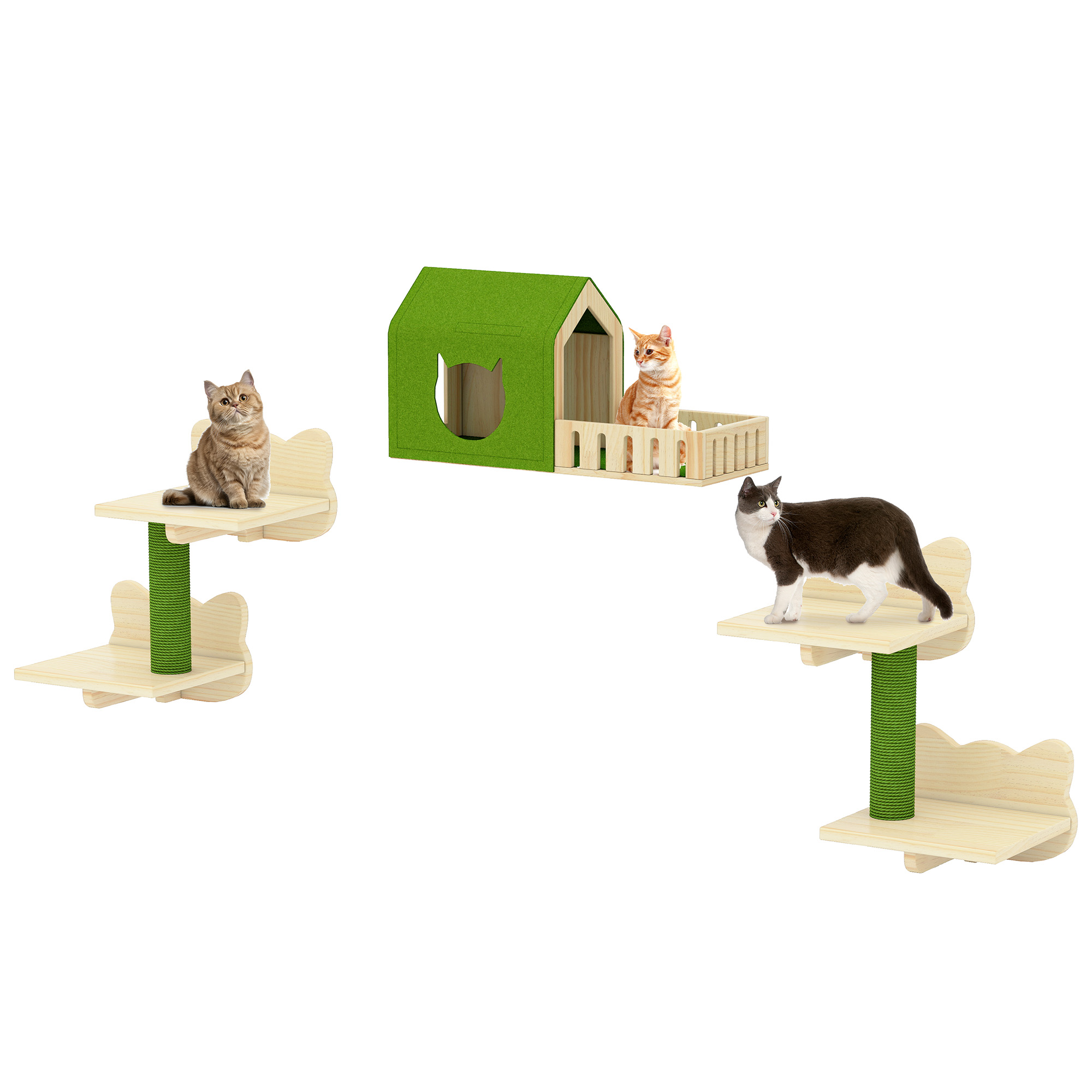 Dextrus 7-Piece Wall-Mounted Cat Furniture Set with Green House, 2 Sisal Scratching Posts & Cat-Shaped Steps – Solid Pine Wood for Indoor Cats, Space-Saving Wall Shelves