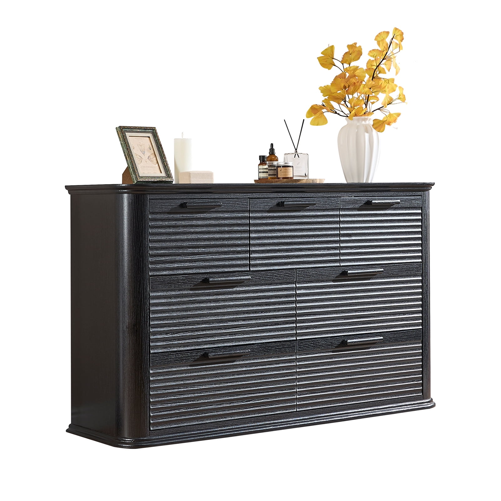 Hommoo Modern Wood Fluted 7 Drawer Dresser, 52" Wide Dresser Chest of Drawers with Curved Profile Design, Multifuctional Storage Organizer for Home, Black