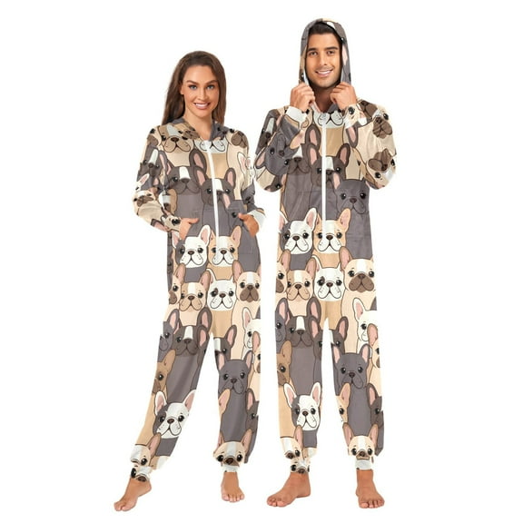 Cute Dogs Frenchie Adult onesie Pajamas, Crystal Velvet Ultra Soft Warm Jumpsuit for Men and Women