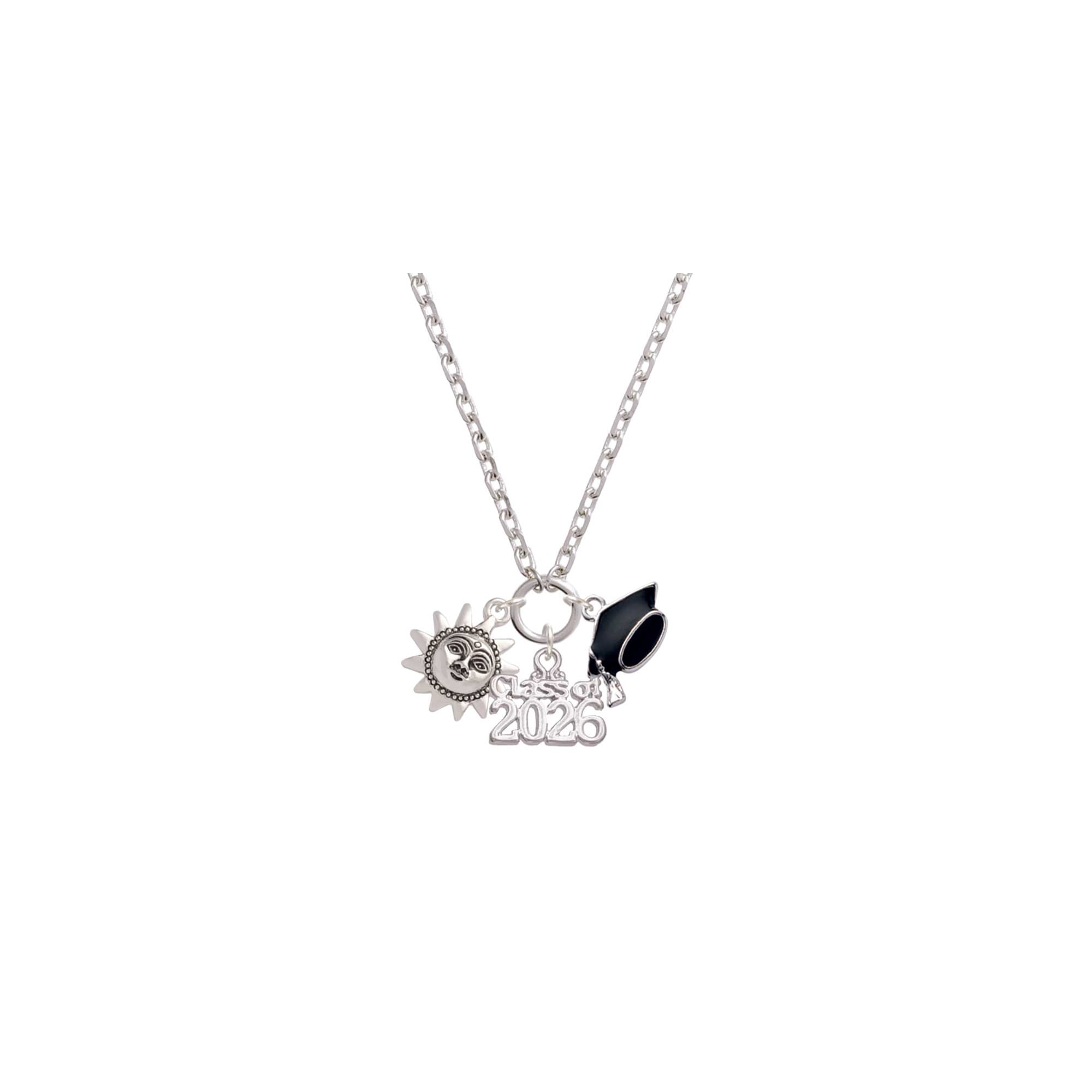 Delight Jewelry Silver-tone Sun Face with Beaded Edging - Class of 2026 Graduation Zoey Charm Necklace, 28"