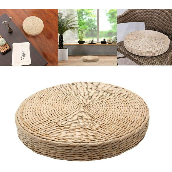 40cm Natural Woven Grass Cushion - Wild Pucao Pillow Floor Mat - Round Braided Pad - Handmade Straw Woven Rush Yoga Mat - Flat Seat Cushion for Garden Dining Room Living Room Home Decor(Beige)