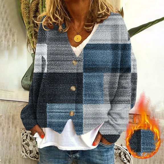 Amidoa Long Sleeve Womens Sweater Cardigan Button up Blue Fleece Plus Size Plaid Cozy Cardigans Women's Cardigans L