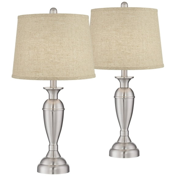 Regency Hill Blair Traditional Table Lamps 25" High Set of 2 Brushed Nickel Burlap Drum Shade for Bedroom Living Room Bedside Nightstand Office House
