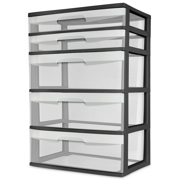 Sterilite Plastic 5 Drawer Wide Tower, Stackable Plastic Storage Drawers Extra Large