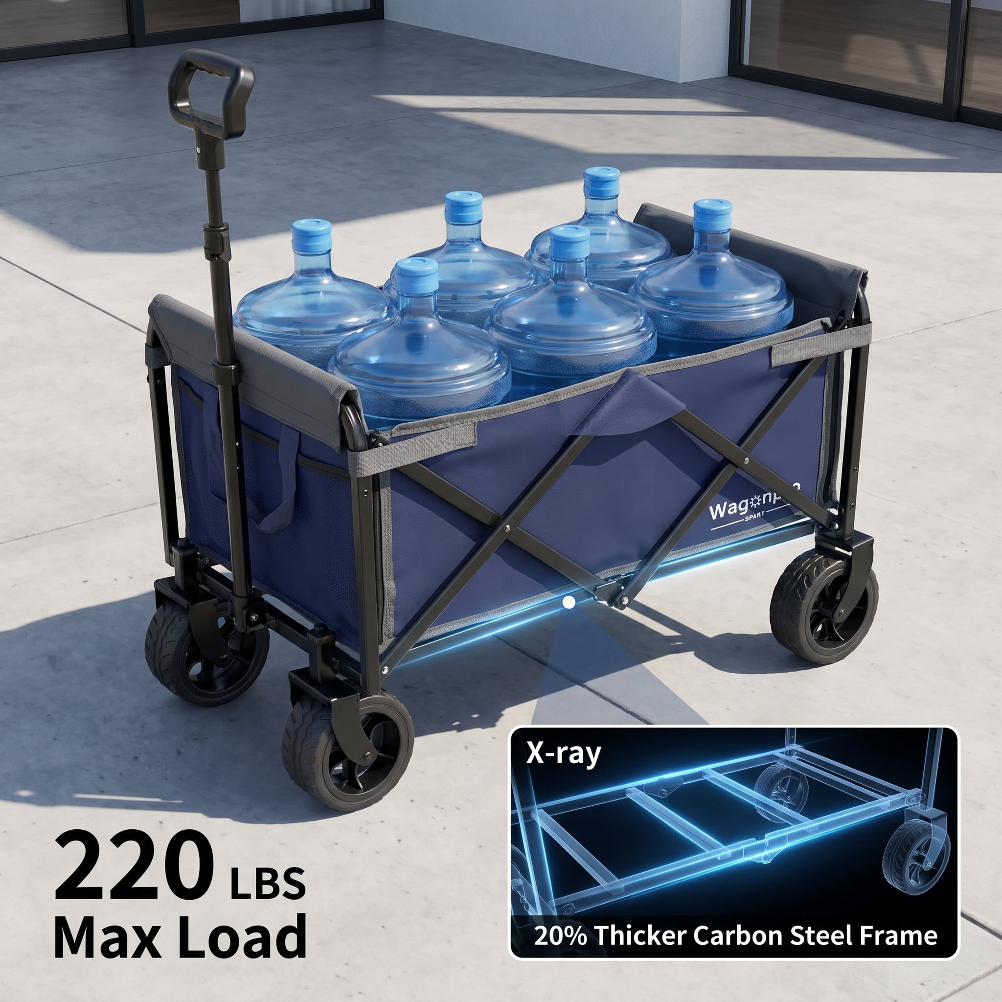 Heavy Duty Collapsible Wagon, 220 Lbs Utility Cart with 5" All-Terrain Wide Wheels & Drop-Down Side, Dark Blue