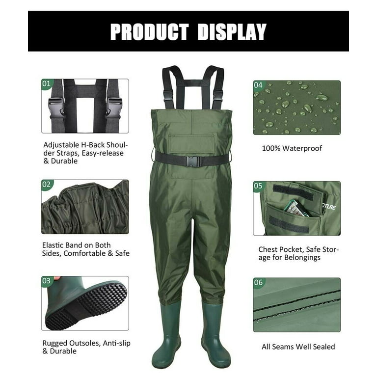 Nylon PVC Fishing Chest Waders Breathable Waterproof w/ Wading Boots Army  Green 