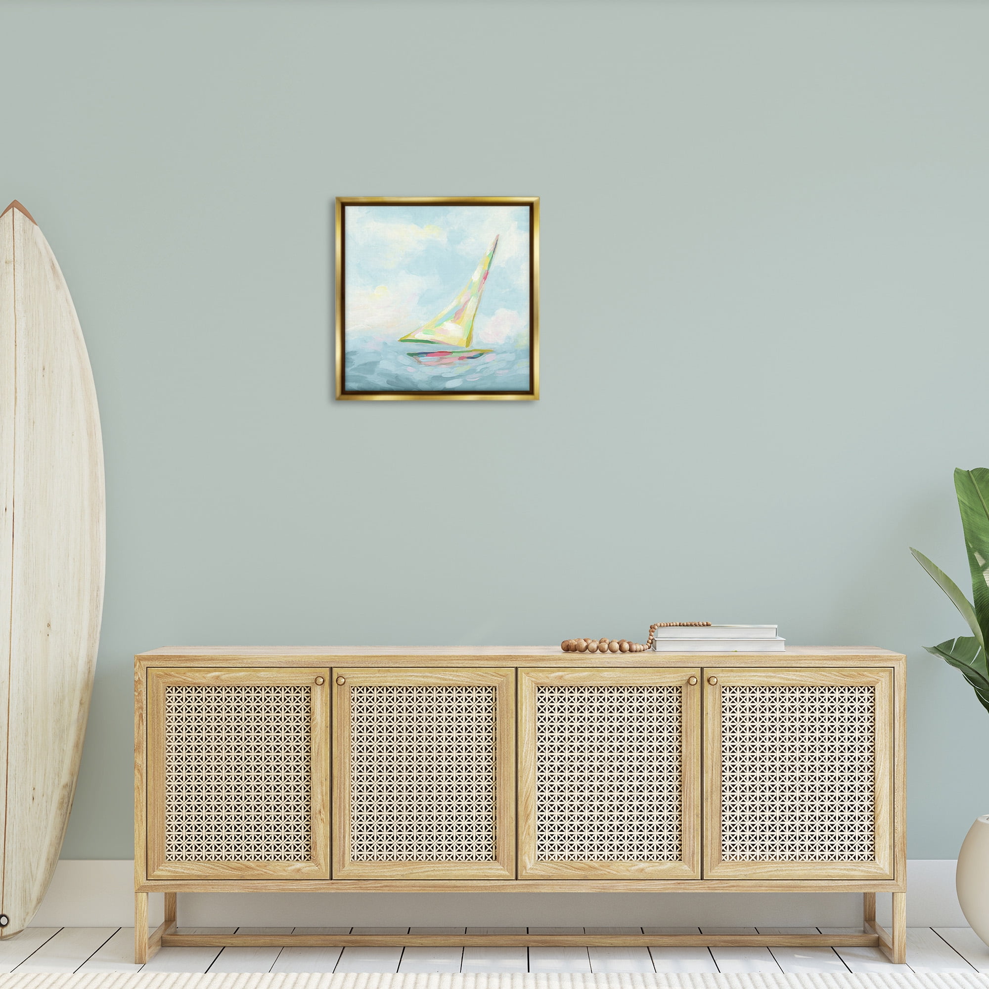 Stupell Industries Modern Pastel Sailboat Nature Painting Gold Floater Framed Canvas Art Print Wall Art, 25 x 25