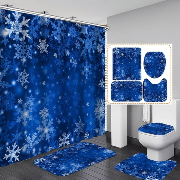 YaoZQ Christmas Shower Curtain Sets 4pc, Blue Winter Snowflake Bathroom Decor with Non Rugs and Toilet Lid Cover, Complete Holiday Bath Accessories Set with 12 Hooks for Festive Makeover