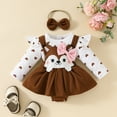 thumbnail image 2 of Hwmodou Baby Print Bodysuits Girls Cotton Blend Long Sleeve Cartoon Print Suspenders Romper Bodysuits Bow Tie Headbands Outfits Fall Winter Durable Baby Onesies,9-12M, 2 of 7
