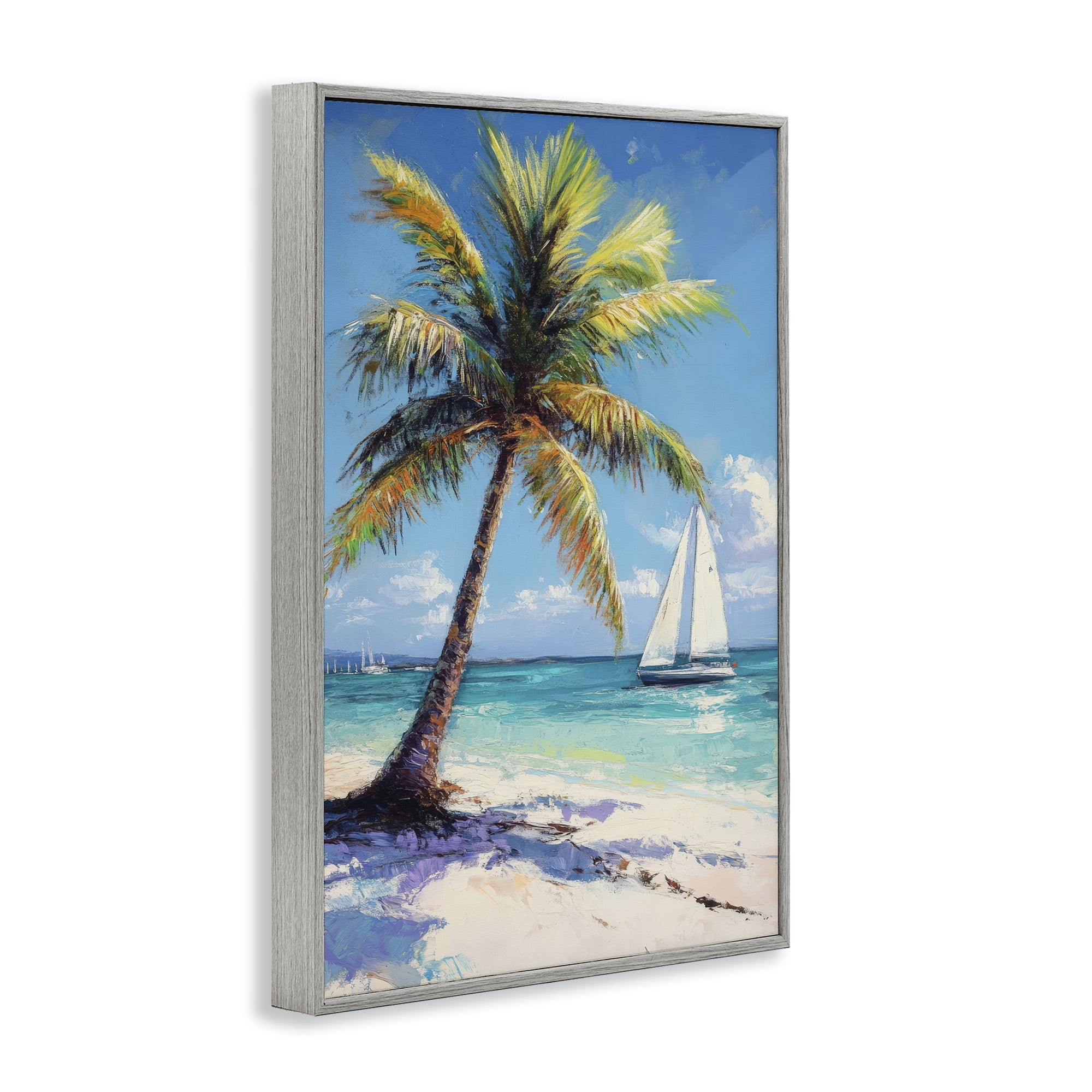 Stupell Industries Palms & Sails Beach View Gray Framed Giclee Art, design by Petal Prints Design