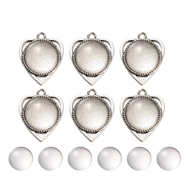 CIMAXIC 2 Pack of 10 Sets 18mm DIY Retro Jewelry Pendant Accessory DIY Time Tray Pendant Glass Patch Kit DIY Heart Round Trays Bezel Pendant Glass Tiles Set for DIY Crafting Jewelry Making