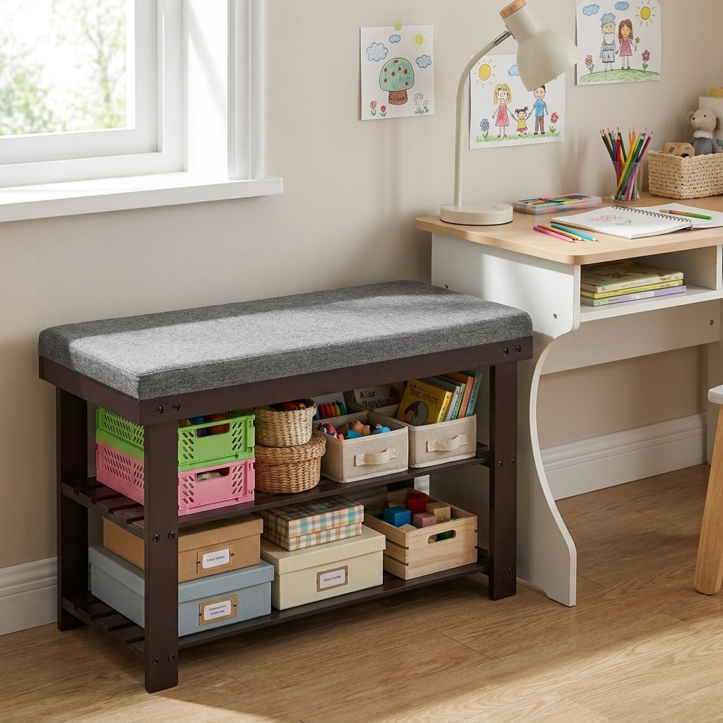 LEDREM Shoe Bench with Cushion, 3-Tier Sturdy Entryway Shoe Rack Organizer, Brown and Gray