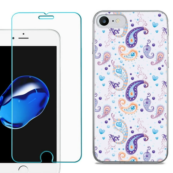 For Apple iPhone 7 / iPhone 8 Case, Slim-Fit TPU Phone Case, with Tempered Glass Screen Protector, by OneToughShield ® - Paisley Purple