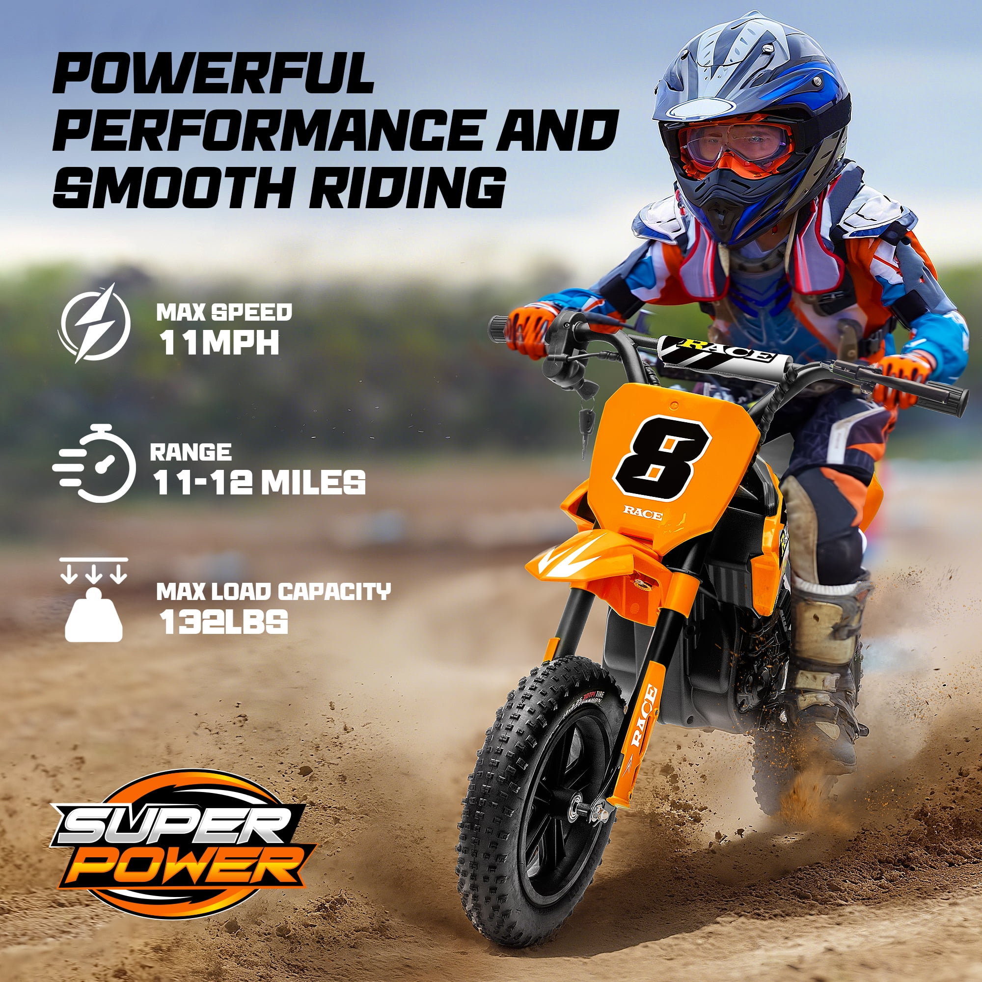 24V Kids Electric Dirt Bike - 250W Electric Motorcycle, 11 Mph Max Speed Electric Mini Dirt Bike with Music, 10 Miles Range, Twist Grip Throttle, Metal Suspension, Rubber Tire (Orange, with Cover)